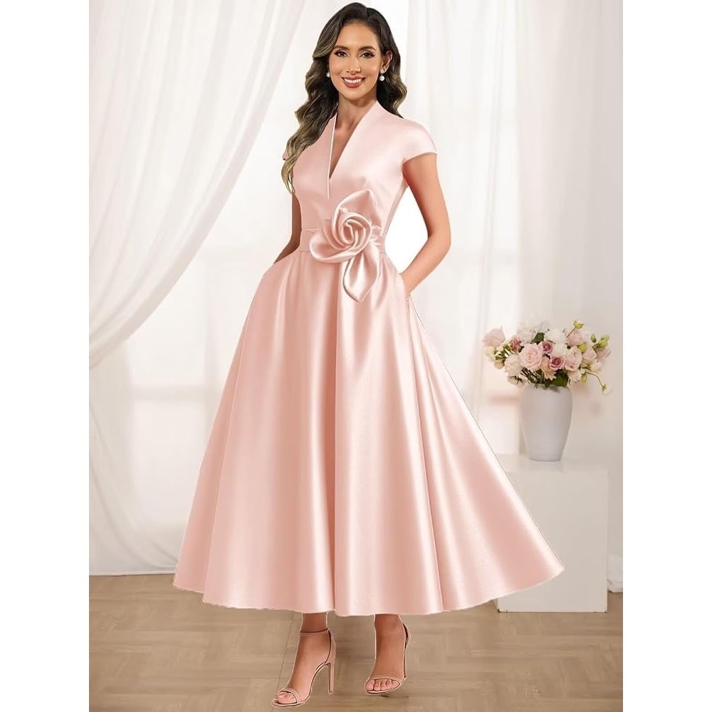 Pomuyoo Blush Pink Satin Rosette Midi Dress V-Neck Cap Sleeve Formal Wedding 14